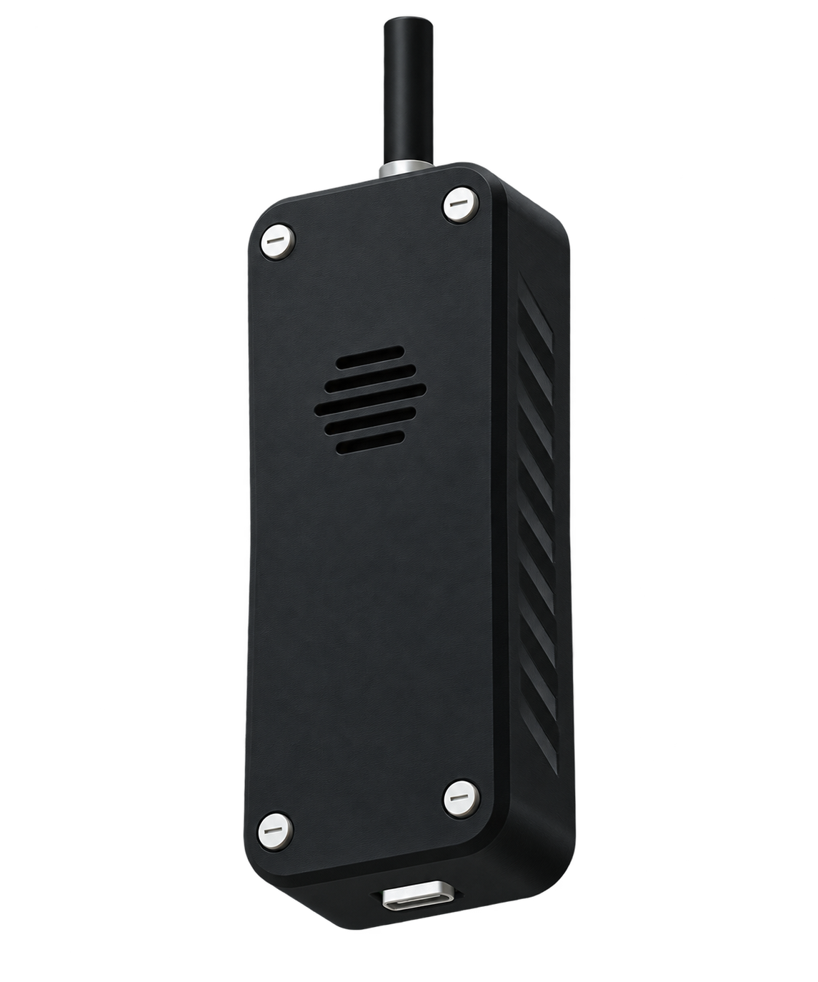 Plain black FLIMP enclosure with silver screws, top antenna, buzzer slots and diagonal side vents